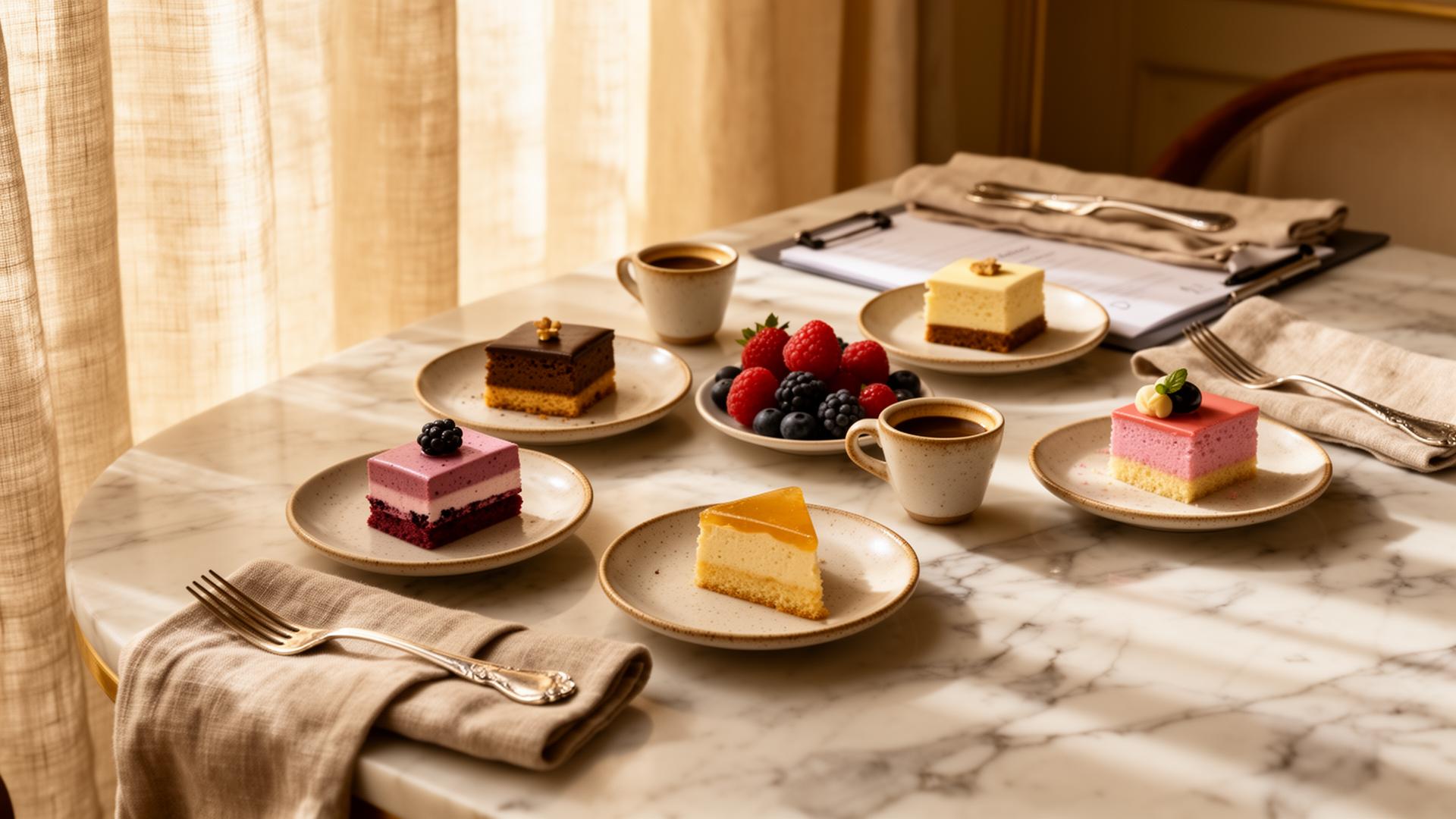 A tasting table set with cake slices, espresso, and fresh berries